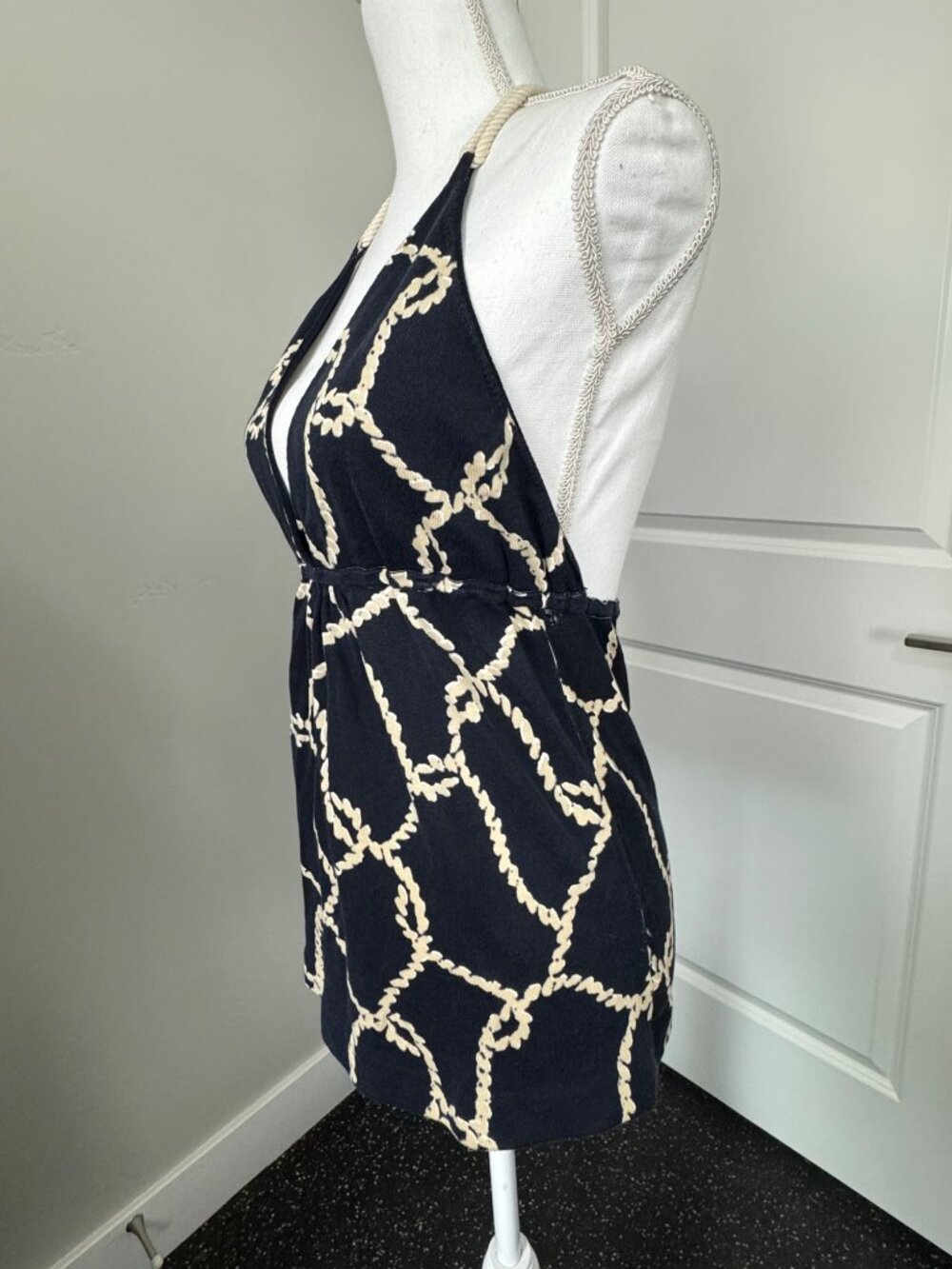 J.Crew Navy & Beige Rope Print Halter Top With Deep V-Neckline Comfort Travel - Picture 3 of 16